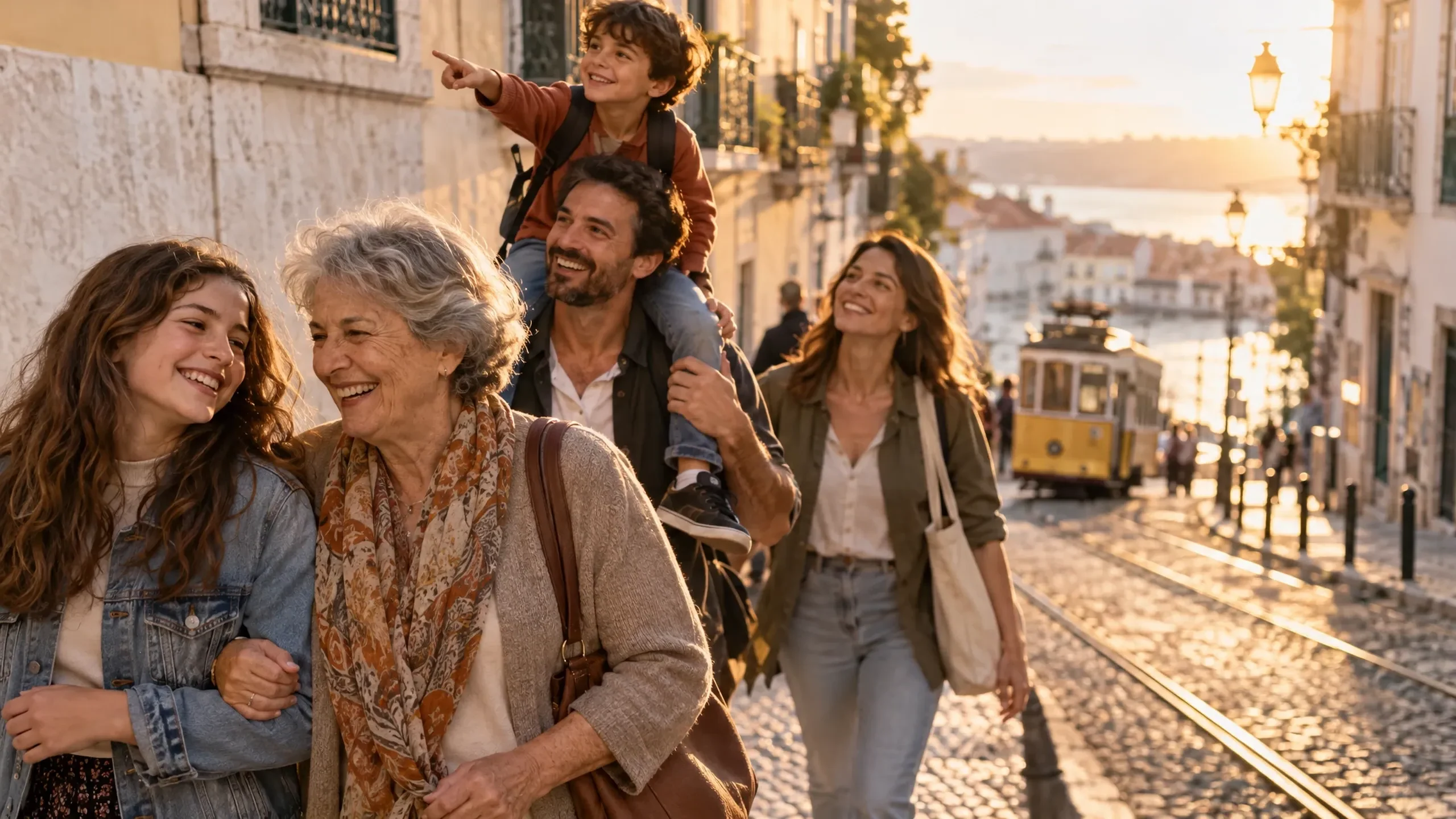 Three generations of a family walking up a sunlit Lisbon street beside the tram lines, a boy on his father's shoulders pointing ahead.