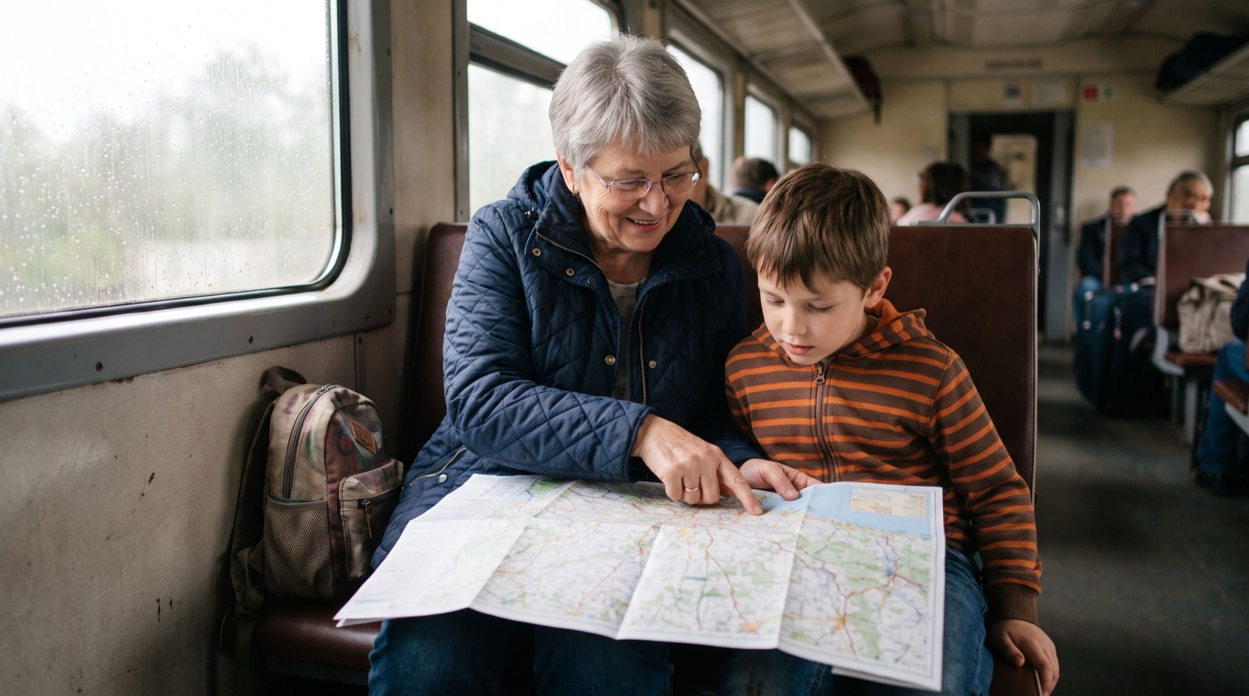 A grandmother and her grandson on a train, pointing out the route on a paper map spread across their laps.