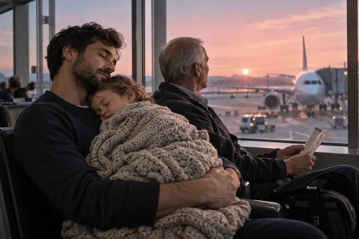 A toddler asleep on her father's chest at an airport gate at dawn while grandfather holds the boarding passes.