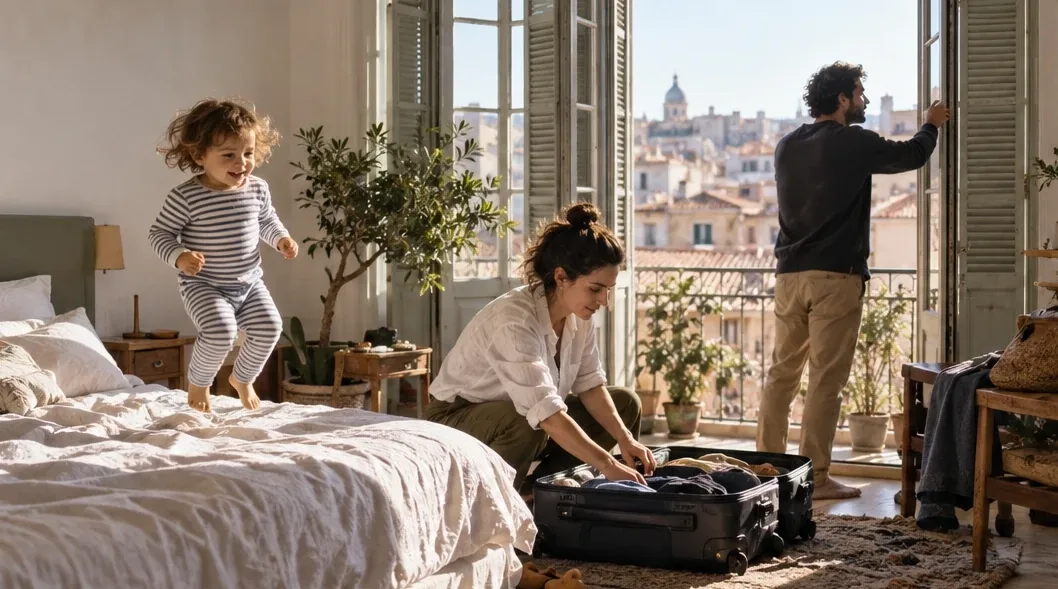 A family arriving in a sunlit holiday apartment, a toddler bouncing on the bed while the parents unpack.