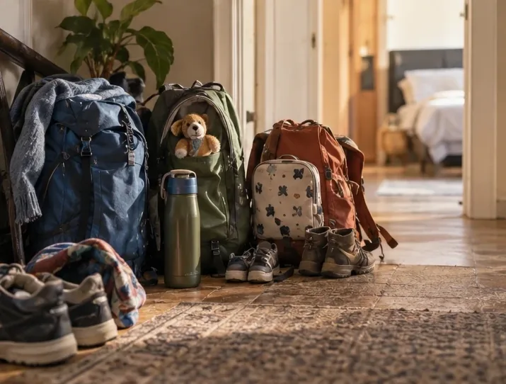 Packed backpacks, walking boots and a water bottle waiting by the front door the night before a trip.