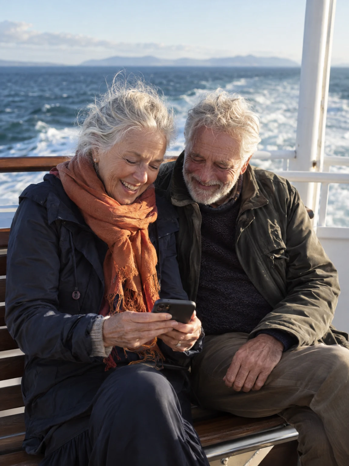 Grandparents on a ferry bench smiling at a video call on their phone, the sea behind them.