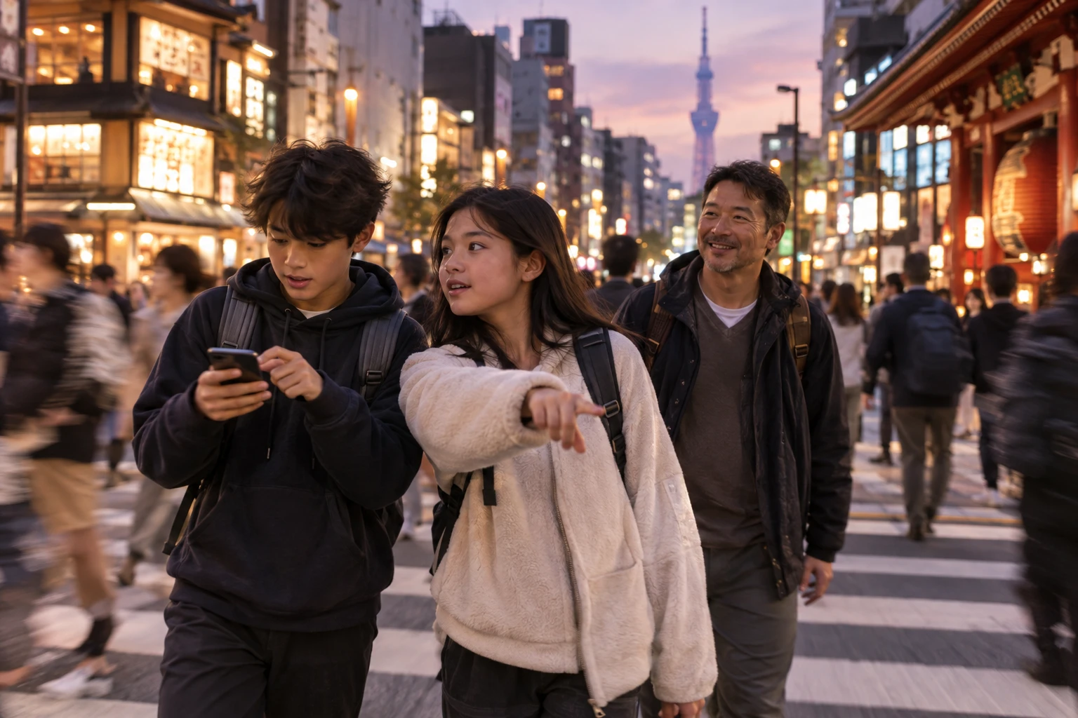 Two teenagers leading the way across a busy Tokyo crossing at dusk while their father follows.